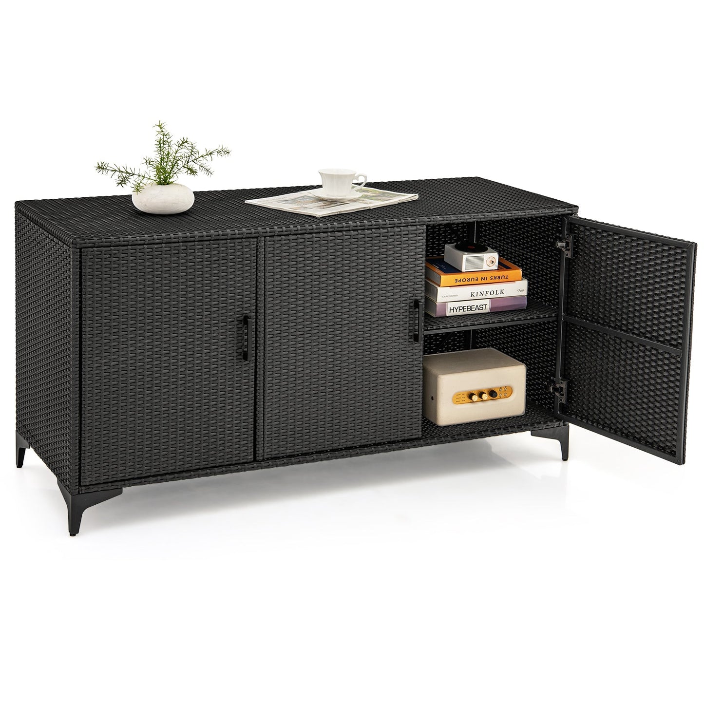 84 Gallon Patio Wicker Deck Box 3-Door PE Rattan Storage Container with Removable Shelves-Brown