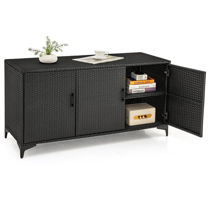 84 Gallon Patio Wicker Deck Box 3-Door PE Rattan Storage Container with Removable Shelves-Brown