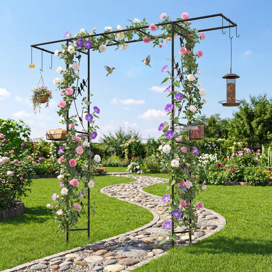 Garden Arbor with Bird Feeding Station, 84 Inch, black metal frame with rose garlands on Tampa Home & Garden Store