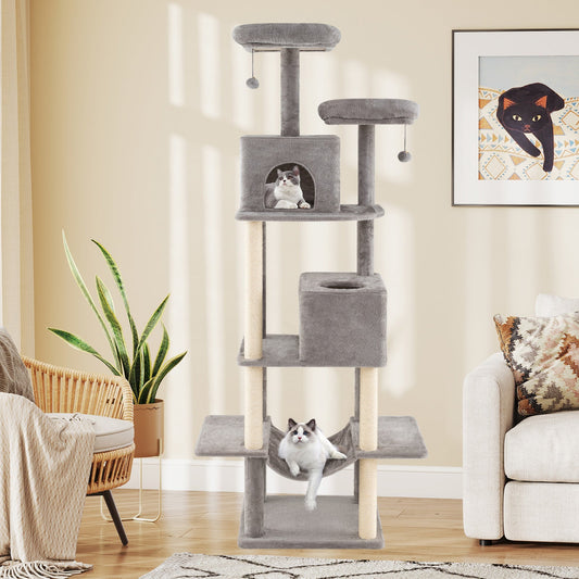84 Inch Large Cat Tree with 2 Condos and 2 Soft Plush Perches for Indoor Cats-Gray - Tampa Home & Garden Store
