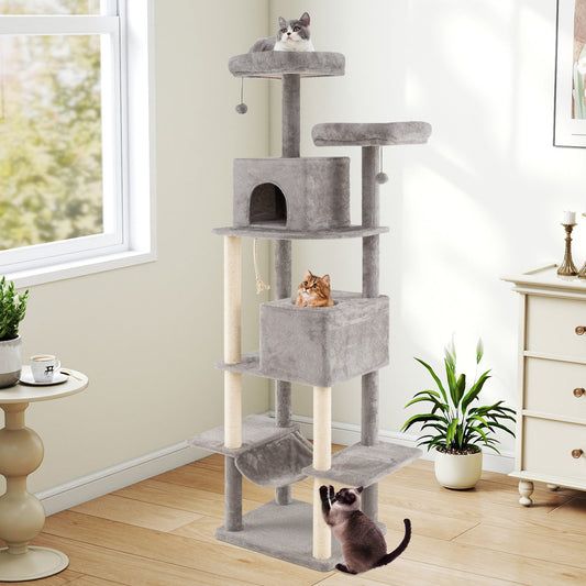 84 Inch Large Cat Tree with 2 Condos and 2 Soft Plush Perches for Indoor Cats-Gray - Tampa Home & Garden Store