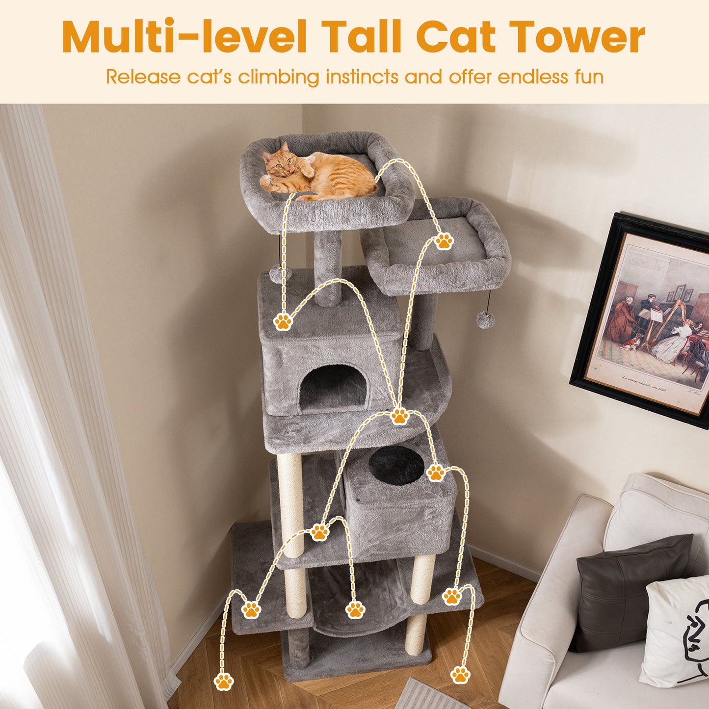 84 Inch Large Cat Tree with 2 Condos and 2 Soft Plush Perches for Indoor Cats-Gray