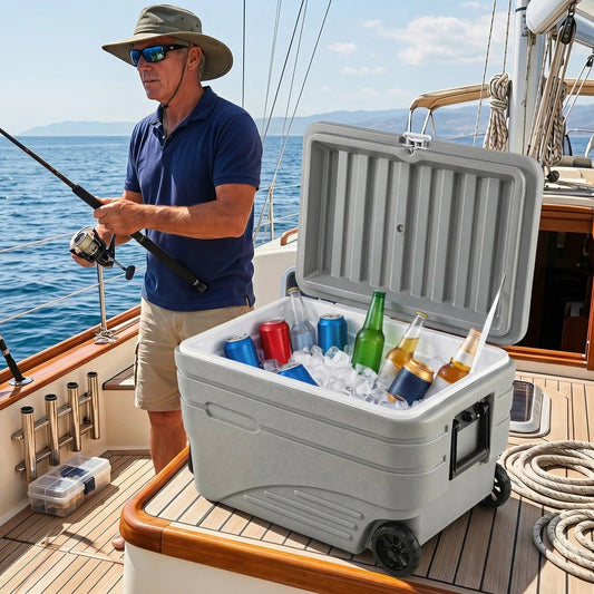 84 Quart Wheeled Cooler with Pull Handle gray plastic filled with ice and drinks on a boat on Tampa Home & Garden Store