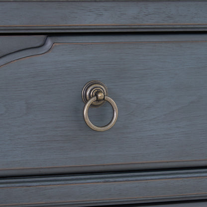 Chest - Blue accent chest with circular metal ring pull on blue wood surface on Tampa Home & Garden Store