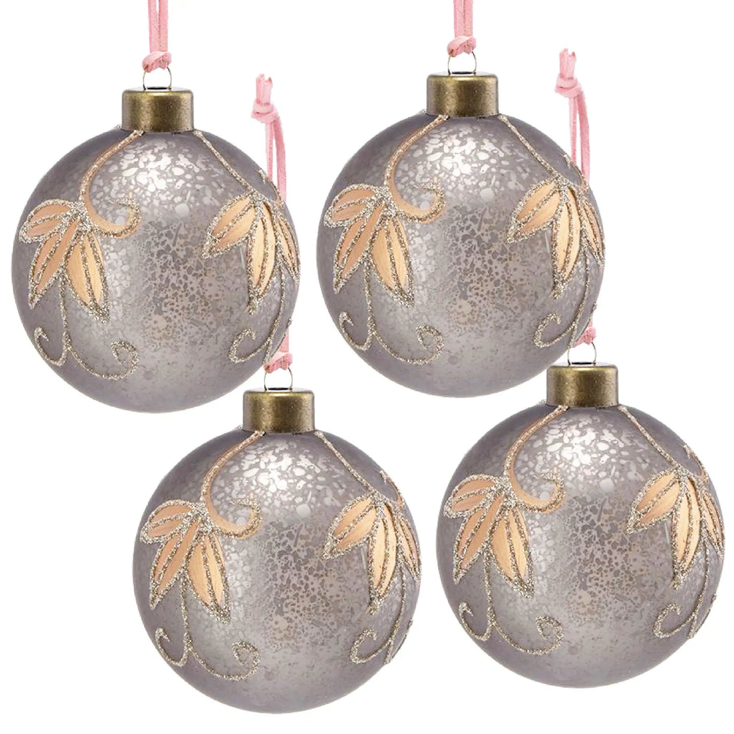 Christmas ball ornaments by Unique Piece Furniture, gray glass with gold glitter leaves, set of 4 on Tampa Home & Garden Store