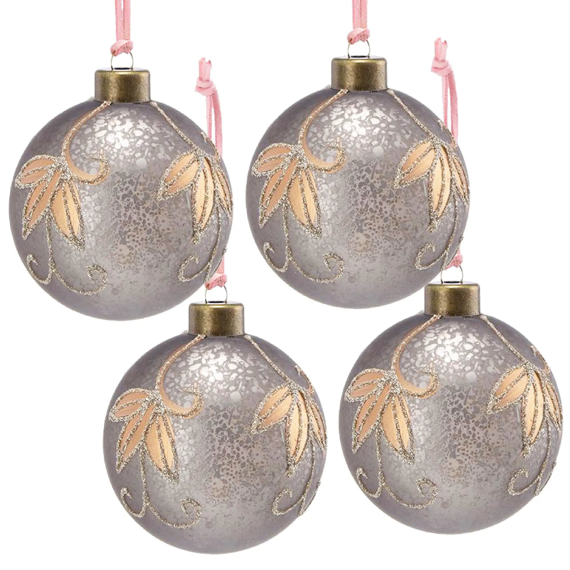 Christmas ball ornaments by Unique Piece Furniture, gray glass with gold glitter leaves, set of 4 on Tampa Home & Garden Store