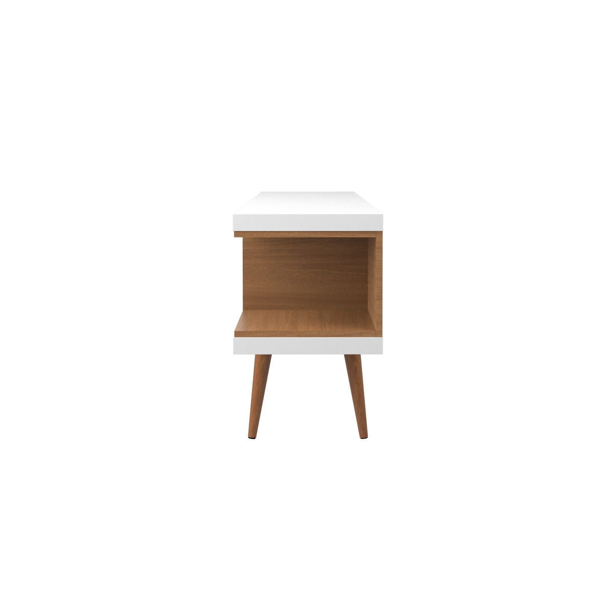 Mid-Century Modern TV stand with adjustable storage, white top and wood base, angled legs on Tampa Home & Garden Store