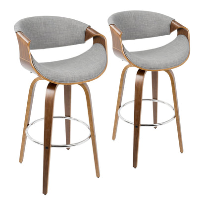 Mid-Century Modern swivel barstool set with walnut frames and gray fabric, 2 stools on Tampa Home & Garden Store