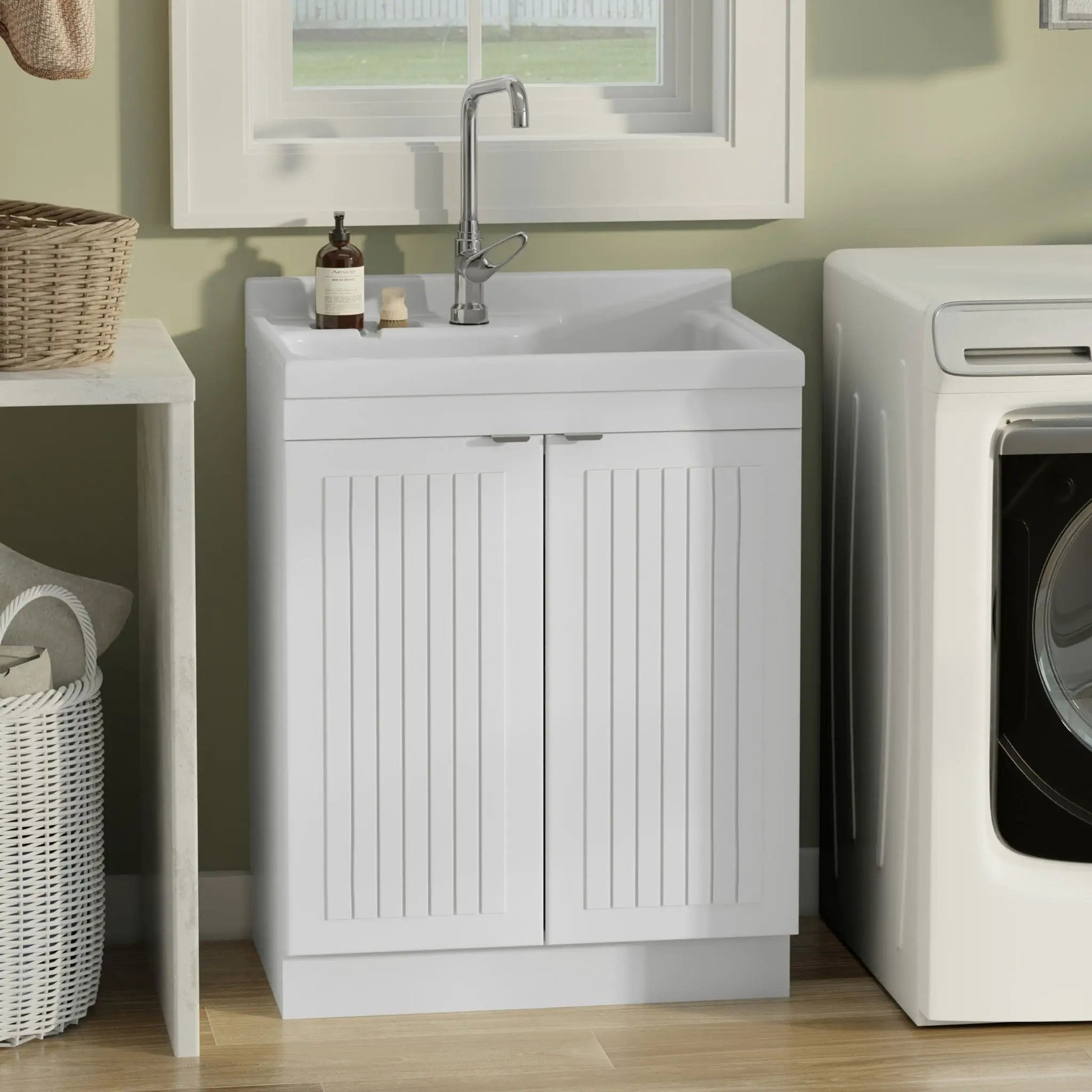 Murphy laundry vanity with stainless sink and chrome faucet, white cabinet by Unique Piece Furniture on Tampa Home & Garden Store