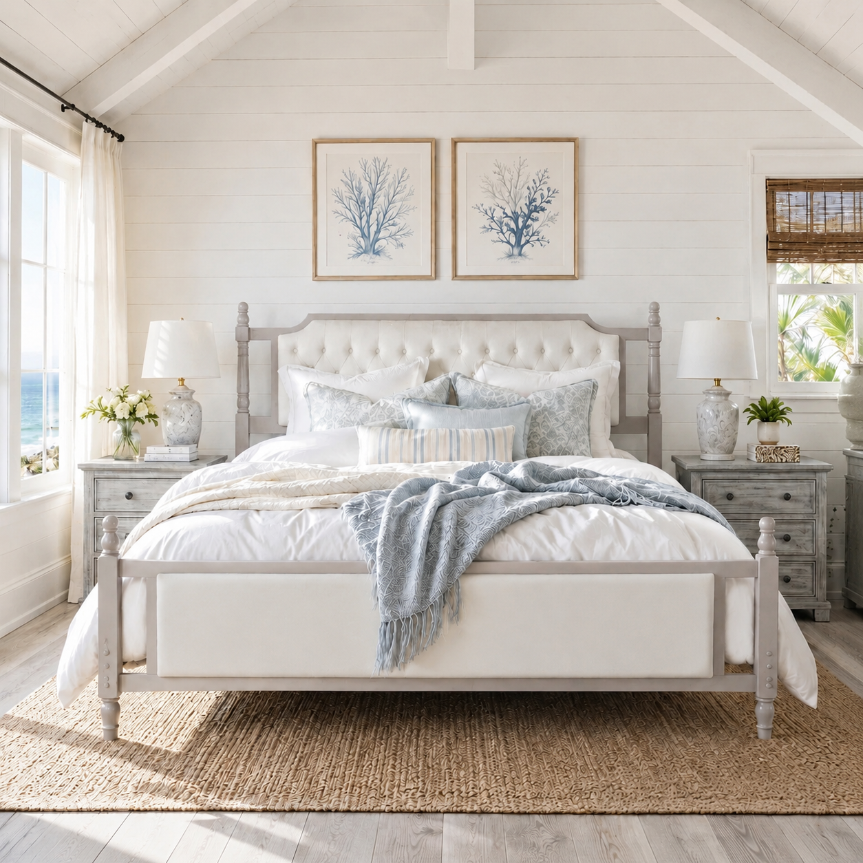 Queen Size Upholstered Platform Bed with Button Tufted Headboard in fabric HouseOfZazla on Tampa Home & Garden Store