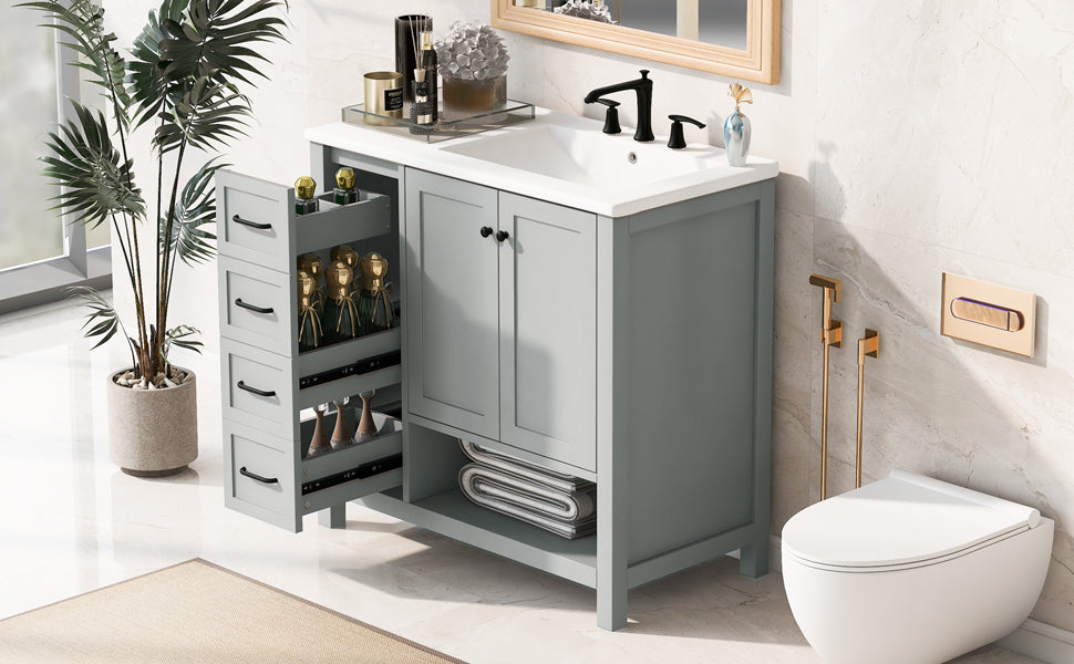 HouseOfZazla 36in bathroom vanity with white sink top, gray-blue cabinet, black faucet on Tampa Home & Garden Store