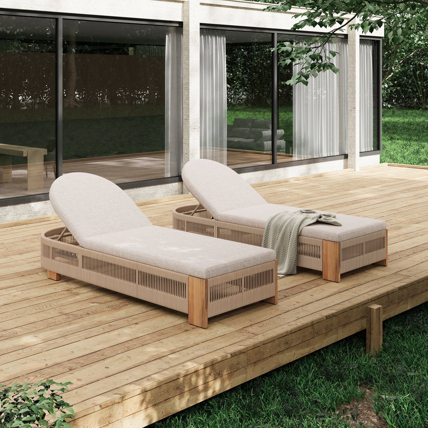 Outdoor acacia wood chaise lounges for two with beige cushions and adjustable backs on deck on Tampa Home & Garden Store