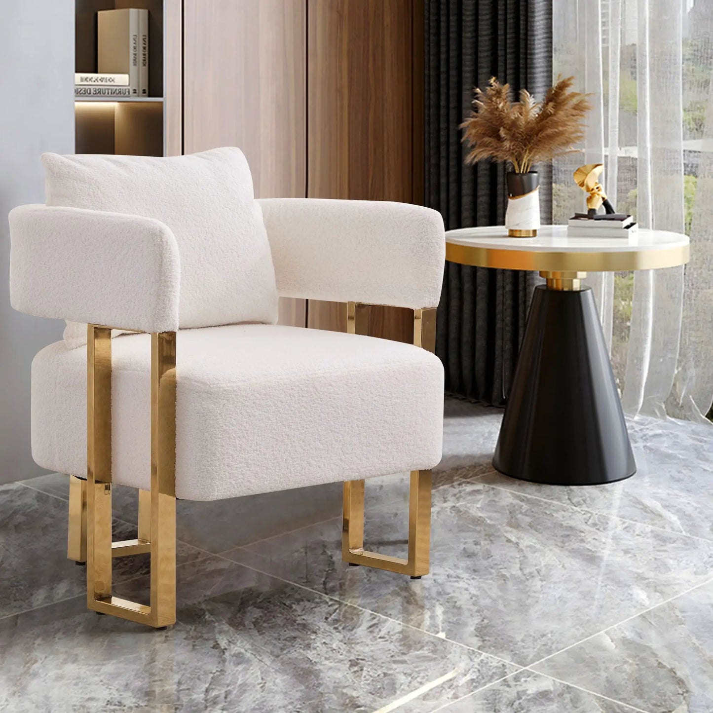 Modern decorative chair cream teddy fleece with gold metal legs by Unique Piece Furniture on Tampa Home & Garden Store