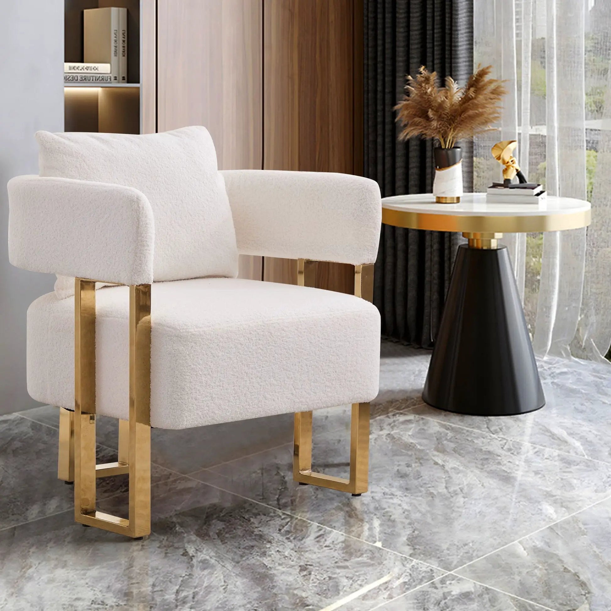 Modern decorative chair cream teddy fleece with gold metal legs by Unique Piece Furniture on Tampa Home & Garden Store