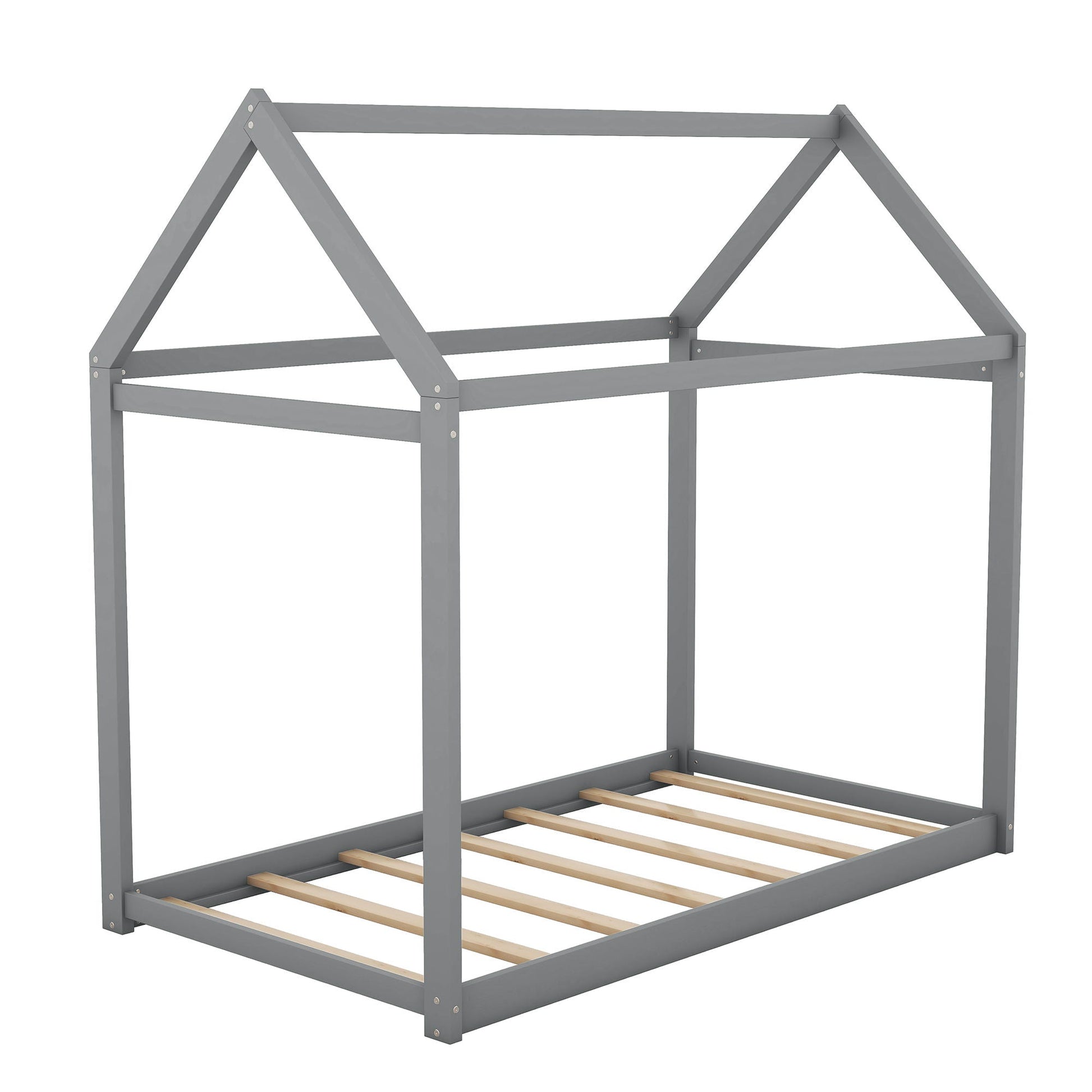 HouseOfZazla wooden house-shaped gray platform bed frame with natural wood slats on Tampa Home & Garden Store