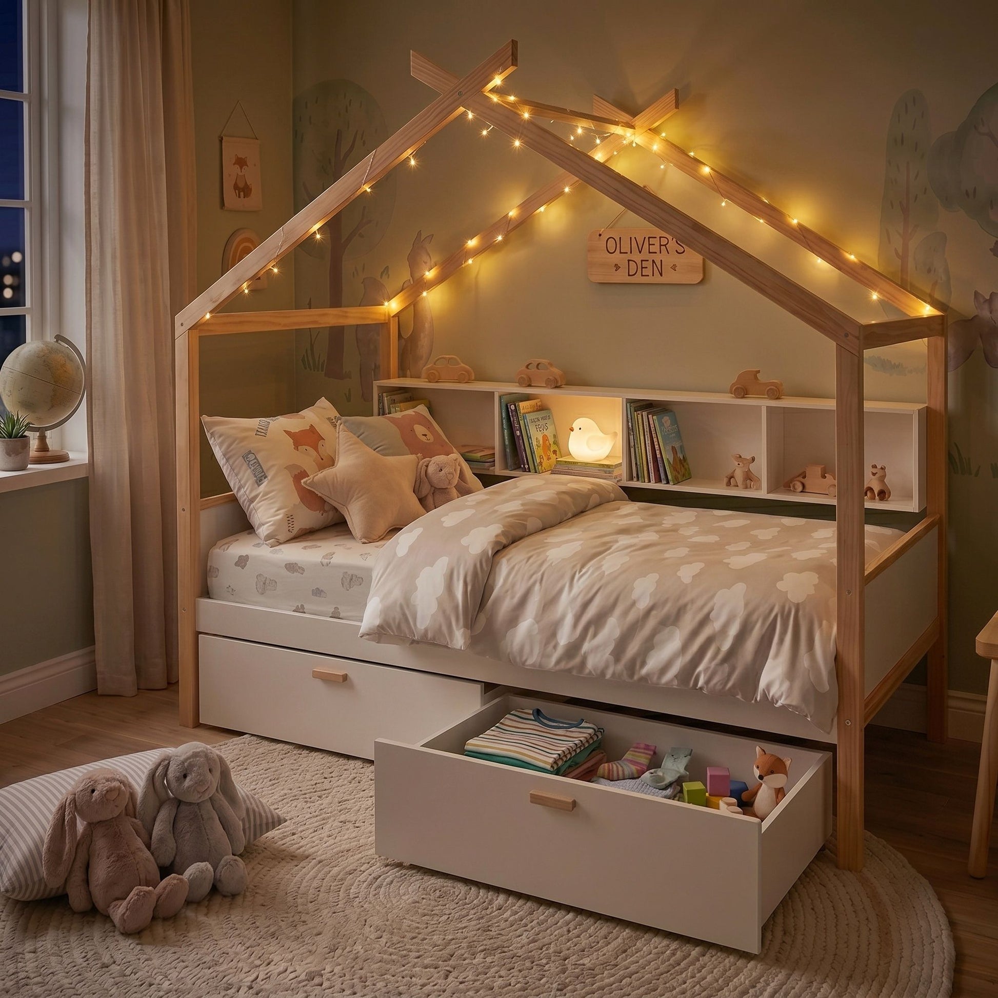 House Bed With Bookshelf Storage, light wood frame with under-bed drawers and built-in shelves on Tampa Home & Garden Store