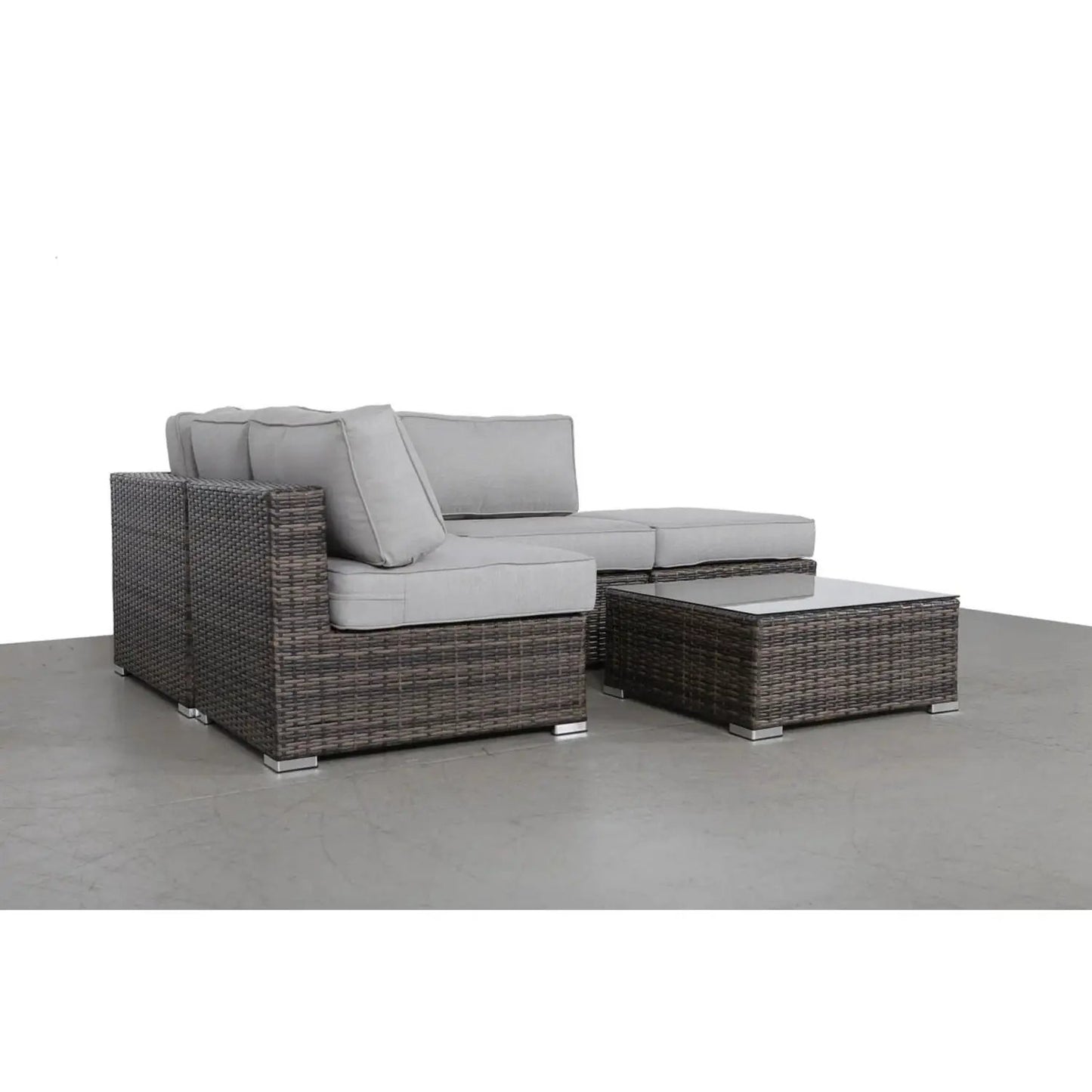 4 Piece Outdoor Seating Set in dark wicker with gray cushions and glass coffee table on Tampa Home & Garden Store