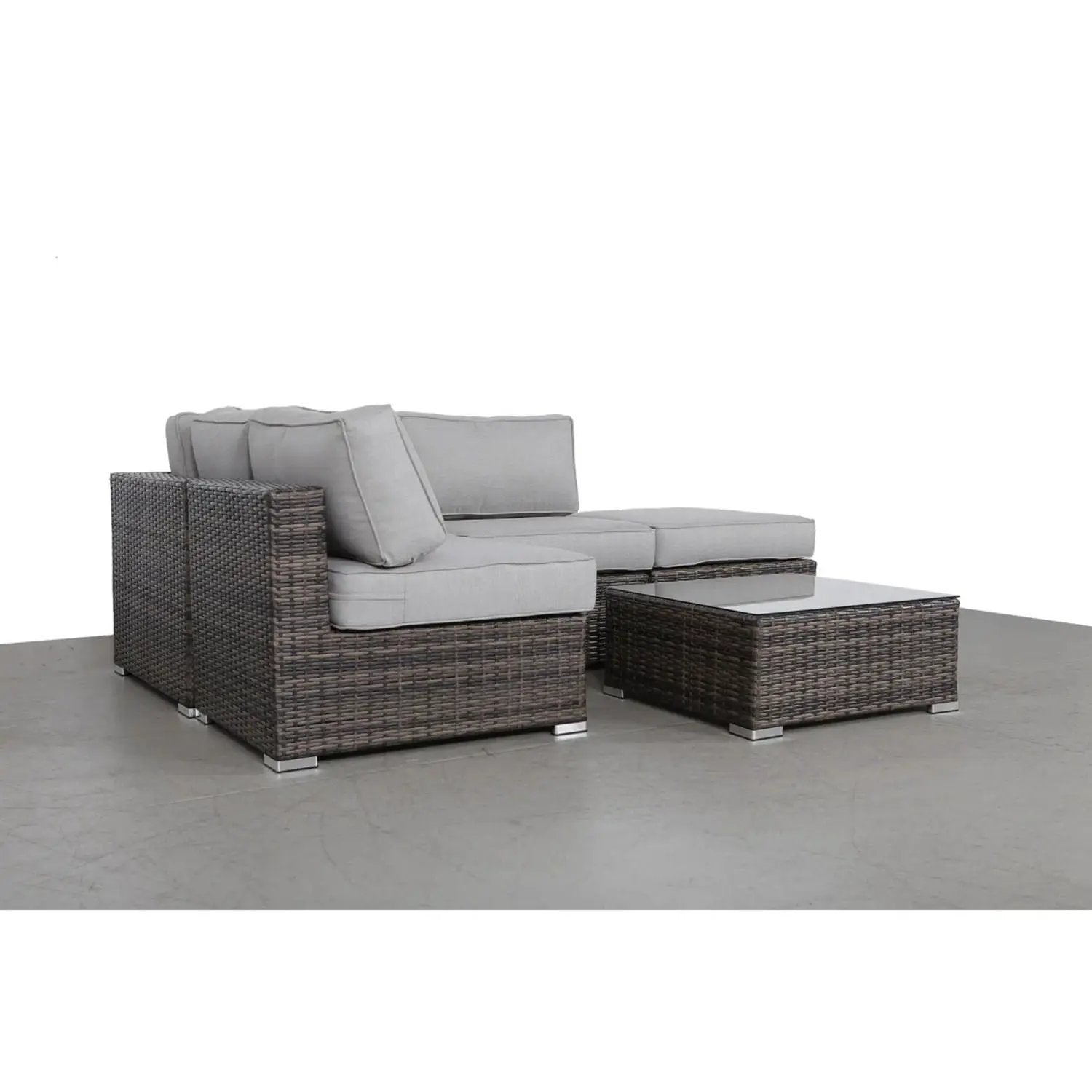 4 Piece Outdoor Seating Set in dark wicker with gray cushions and glass coffee table on Tampa Home & Garden Store