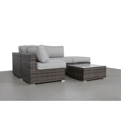 4 Piece Outdoor Seating Set in dark wicker with gray cushions and glass coffee table on Tampa Home & Garden Store