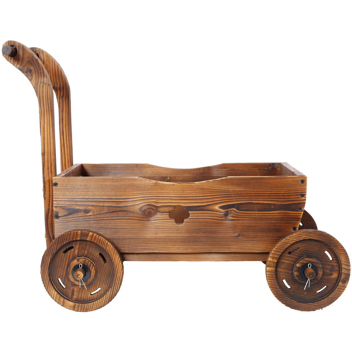 Wooden wagon planter box brown with wheels and drain holes HouseOfZazla on Tampa Home & Garden Store