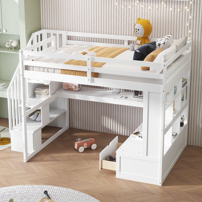 Full-size loft bed with desk, shelves and 2-drawer storage staircase white HouseOfZazla on Tampa Home & Garden Store