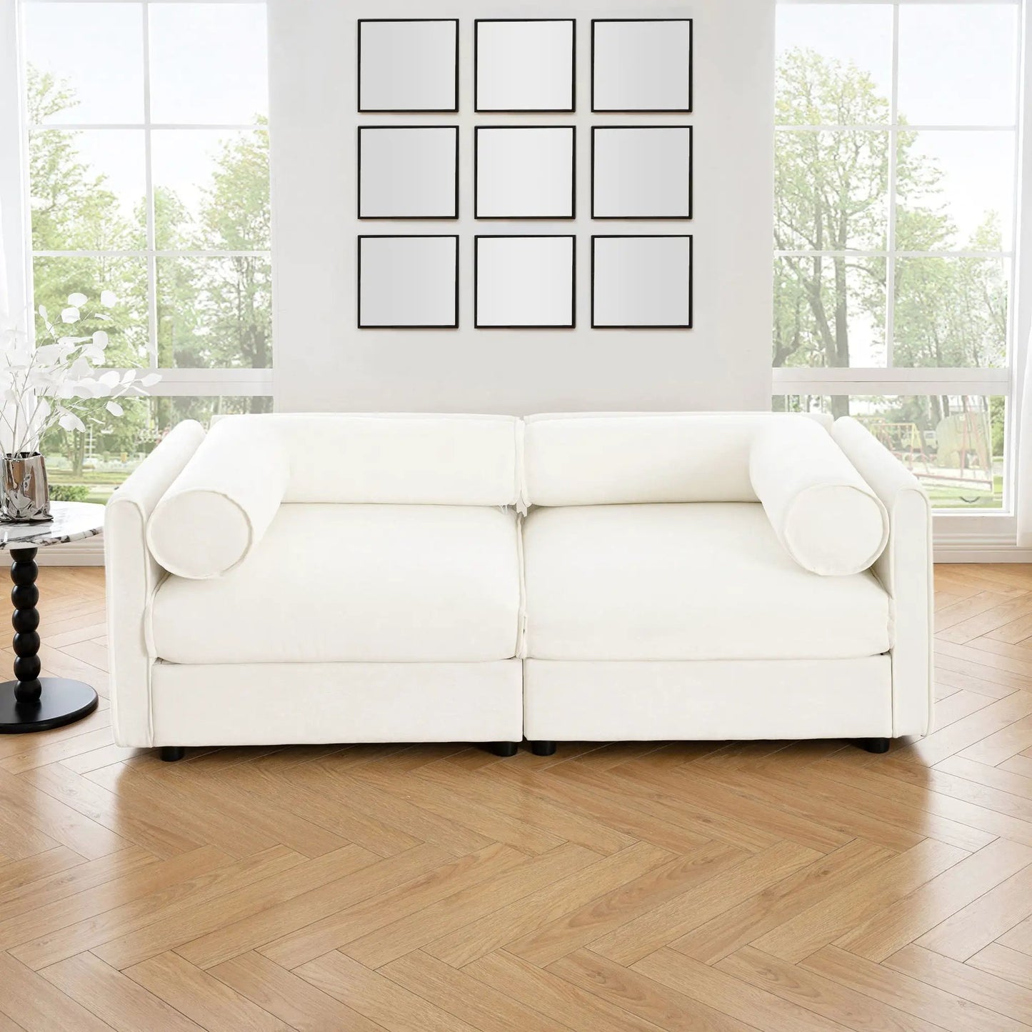 Stylish Sofa With Storage Seat And Cylindrical Backrest, white fabric upholstery on Tampa Home & Garden Store