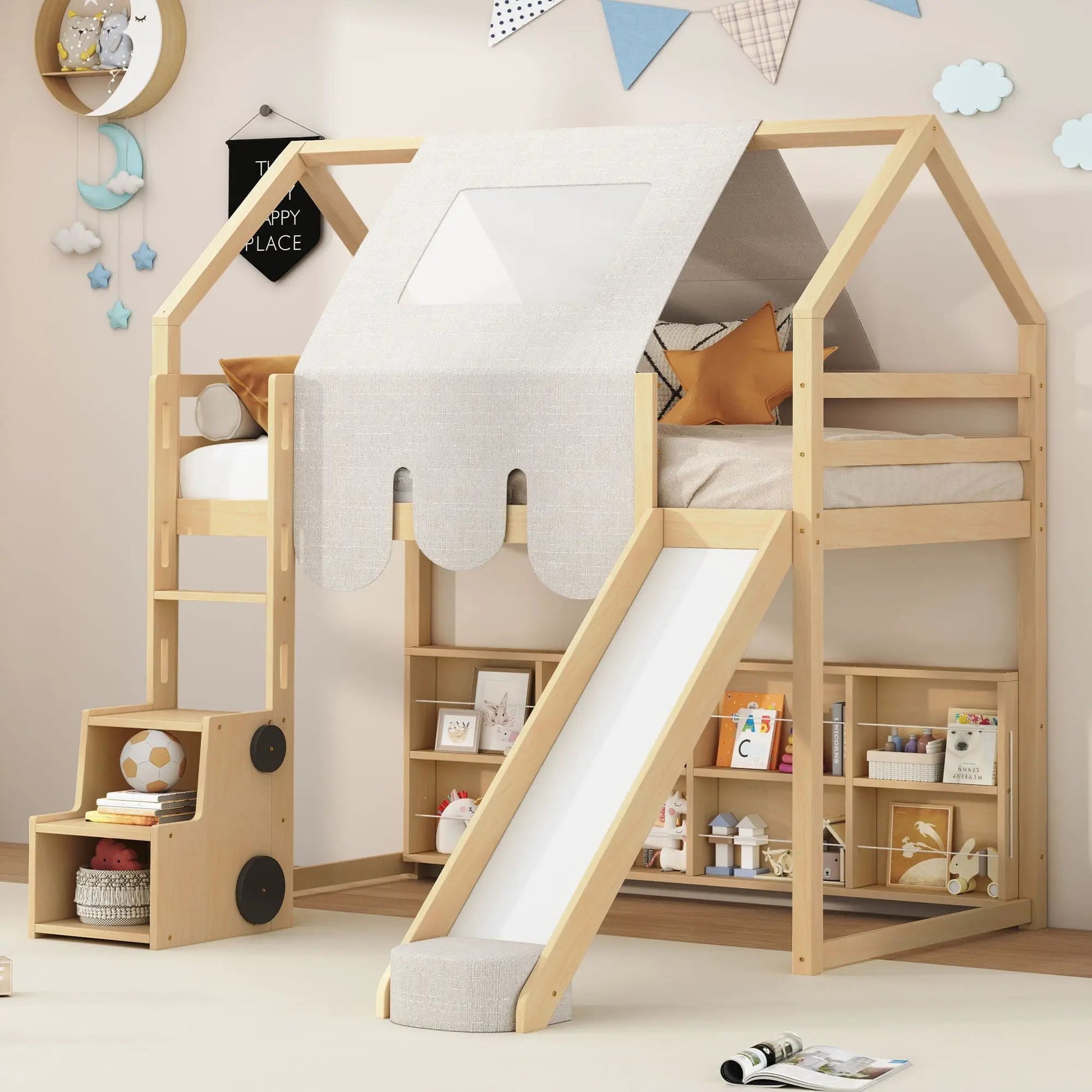 Loft bed with house-shaped frame and grey fabric tent in natural wood on Tampa Home & Garden Store