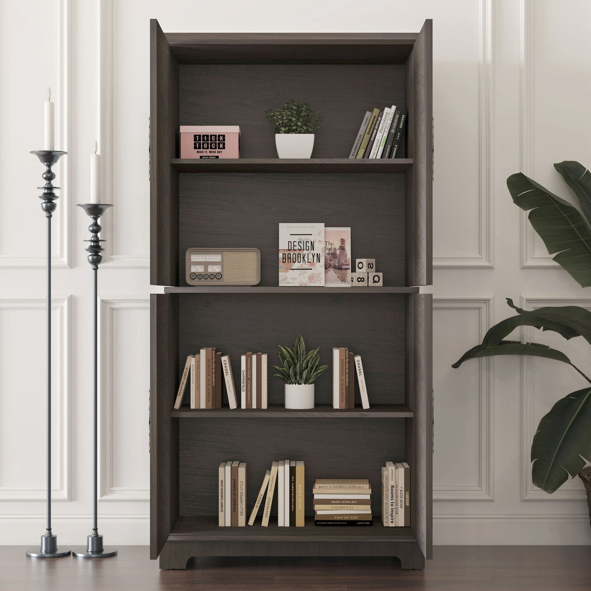 Modern dark brown wood sideboard buffet with open shelves, plant and books on Tampa Home & Garden Store