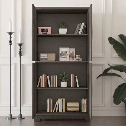 Modern dark brown wood sideboard buffet with open shelves, plant and books on Tampa Home & Garden Store