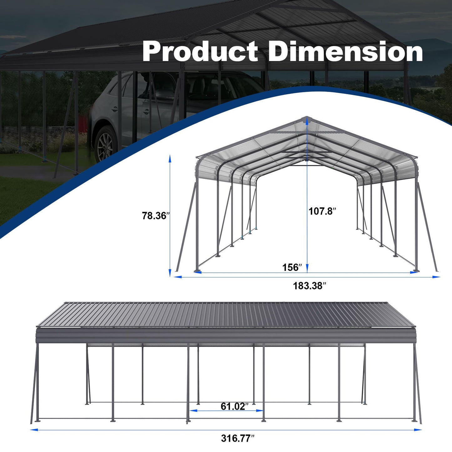 Heavy Duty Galvanized Carport 13x26.5 Ft Gray