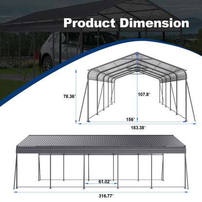 Heavy Duty Galvanized Carport 13x26.5 Ft Gray