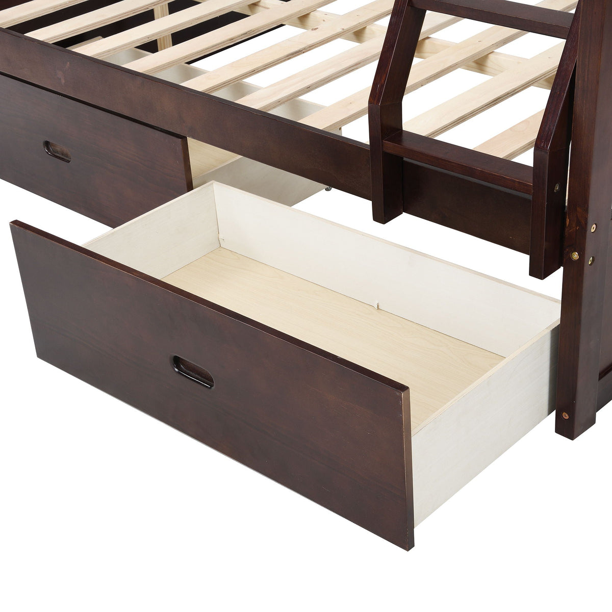 Bunk bed with dark wood finish, built-in lower storage drawer and light wood slats on Tampa Home & Garden Store