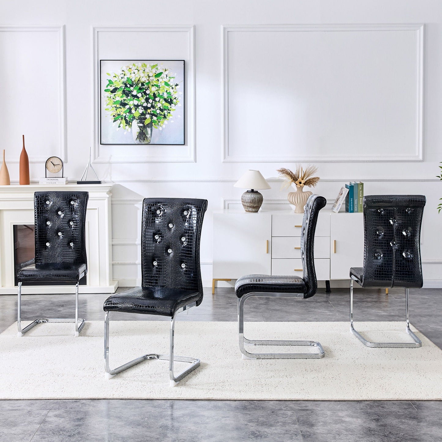 Elegant Design Upholstered Dining Chairs black leather with chrome cantilever legs, set of 4 on Tampa Home & Garden Store