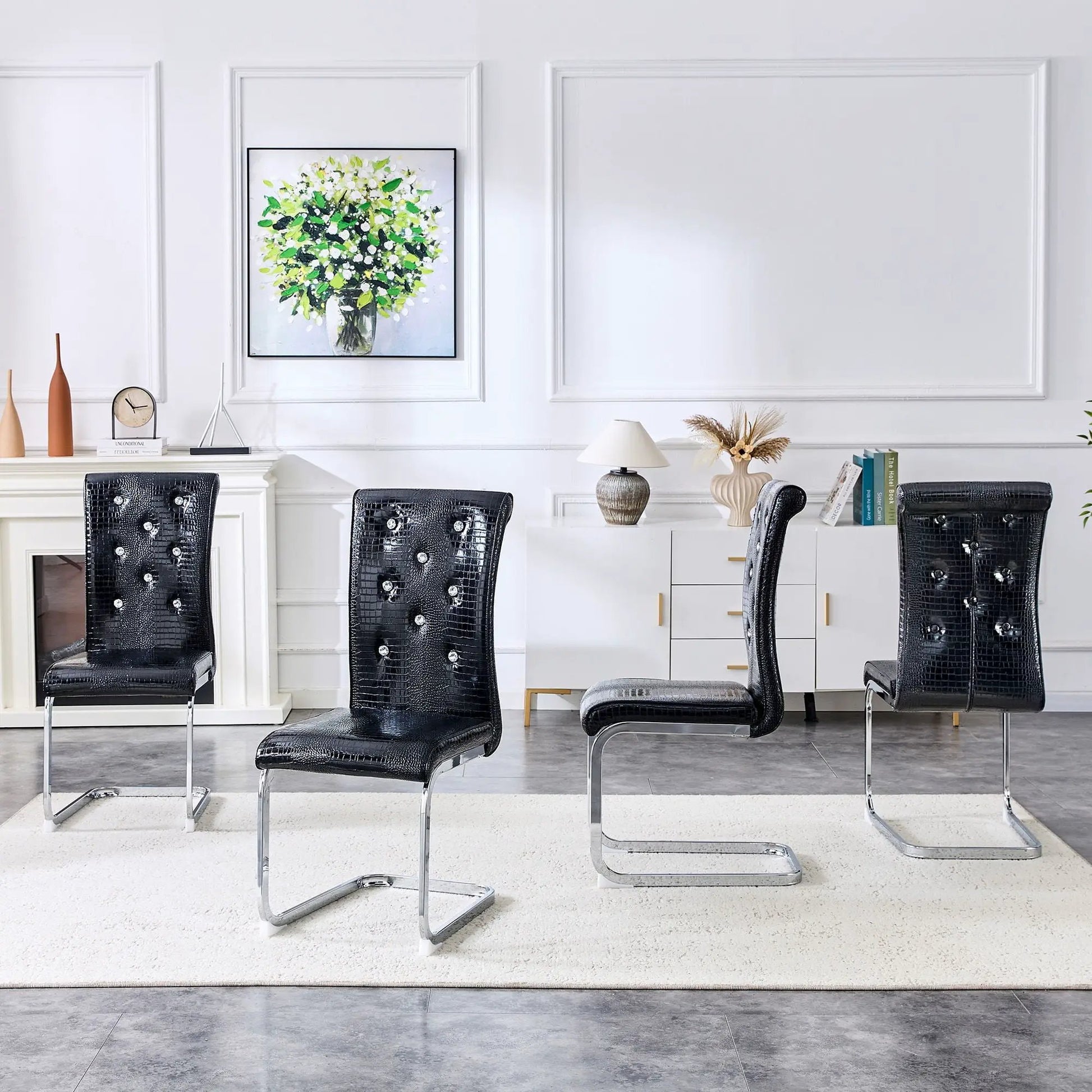 Elegant Design Upholstered Dining Chairs black leather with chrome cantilever legs, set of 4 on Tampa Home & Garden Store