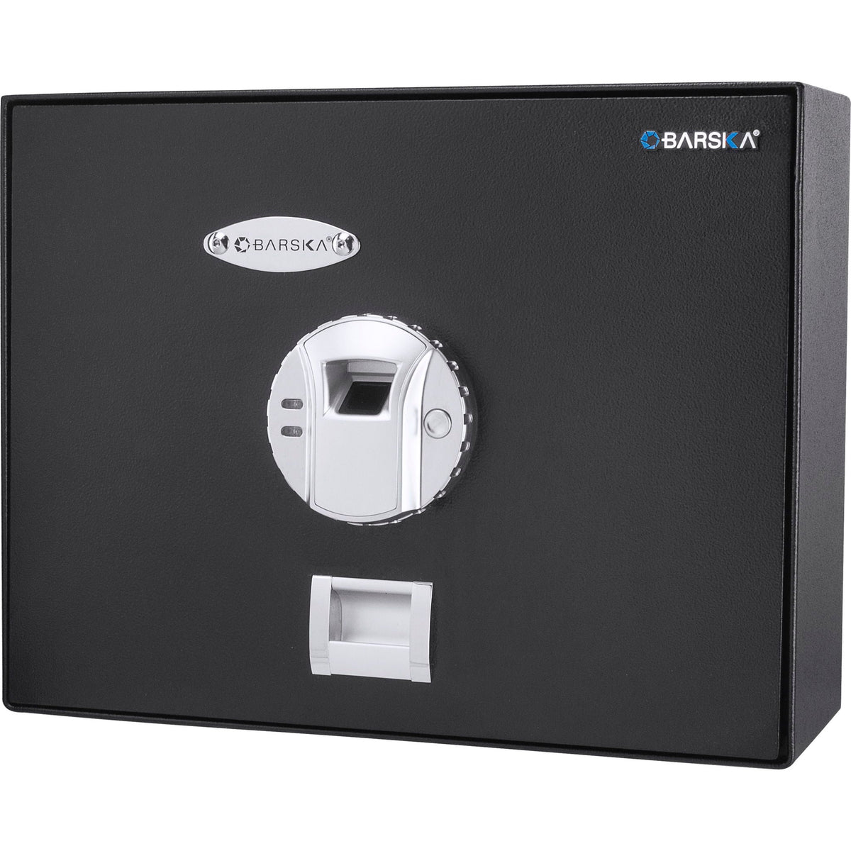 Biometric fingerprint safe in black steel wall cabinet with Barska logos HouseOfZazla on Tampa Home & Garden Store