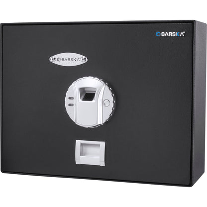 Biometric fingerprint safe in black steel wall cabinet with Barska logos HouseOfZazla on Tampa Home & Garden Store