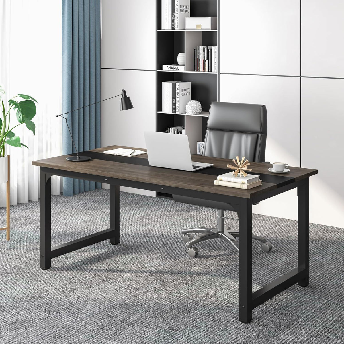 Large computer desk with dark wood top and black steel frame, adjustable feet, modern office on Tampa Home & Garden Store