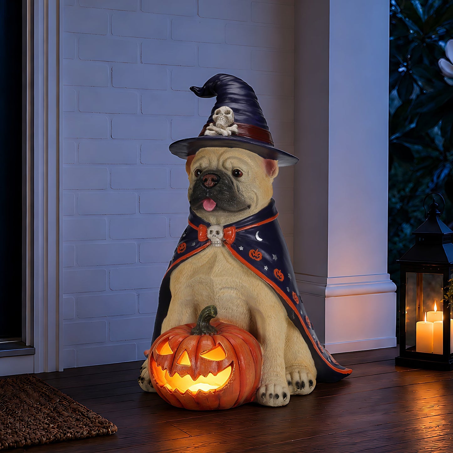 Halloween Bulldog Witch Statue by HouseOfZazla with witch hat cape skull accents LED-lit pumpkin on Tampa Home & Garden Store