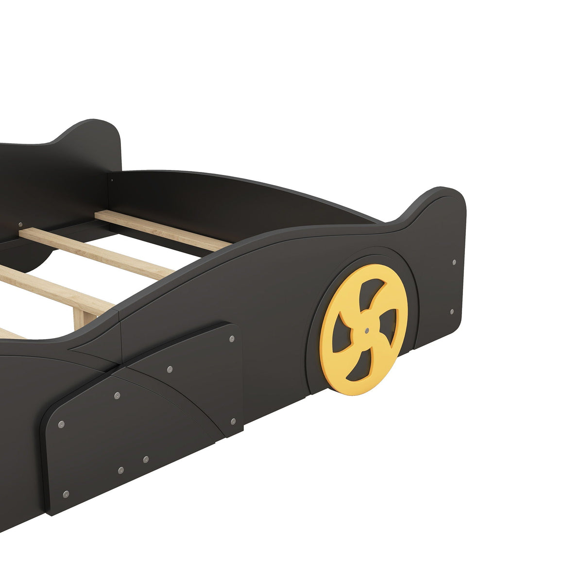 Race Car Shaped Platform Bed, black frame with yellow wheels and wooden slat support on Tampa Home & Garden Store