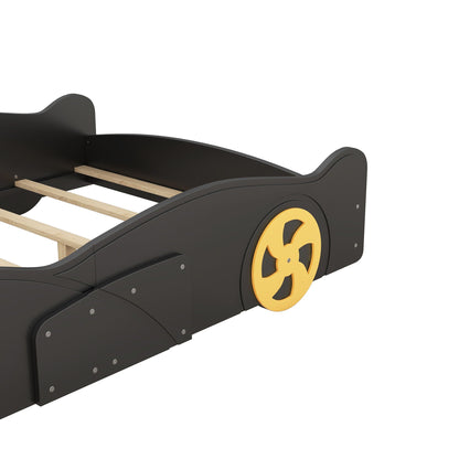 Race Car Shaped Platform Bed, black frame with yellow wheels and wooden slat support on Tampa Home & Garden Store