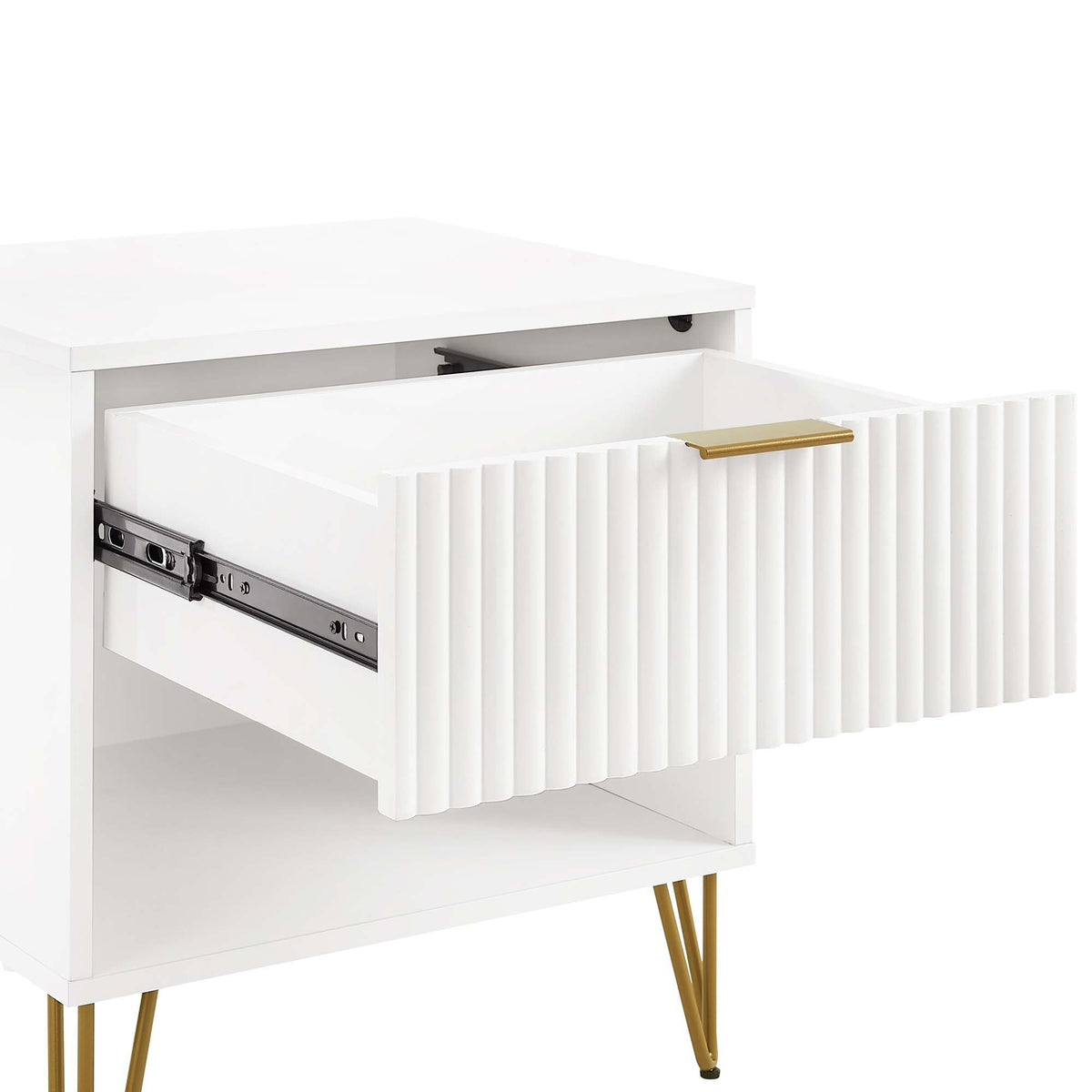 Modern nightstand with fluted drawer front, white finish, and gold metal legs on Tampa Home & Garden Store