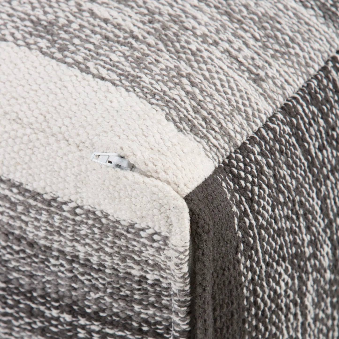 Naya upholstered cube pouf close-up in neutral striped weave beige gray by Unique Piece Furniture on Tampa Home & Garden Store
