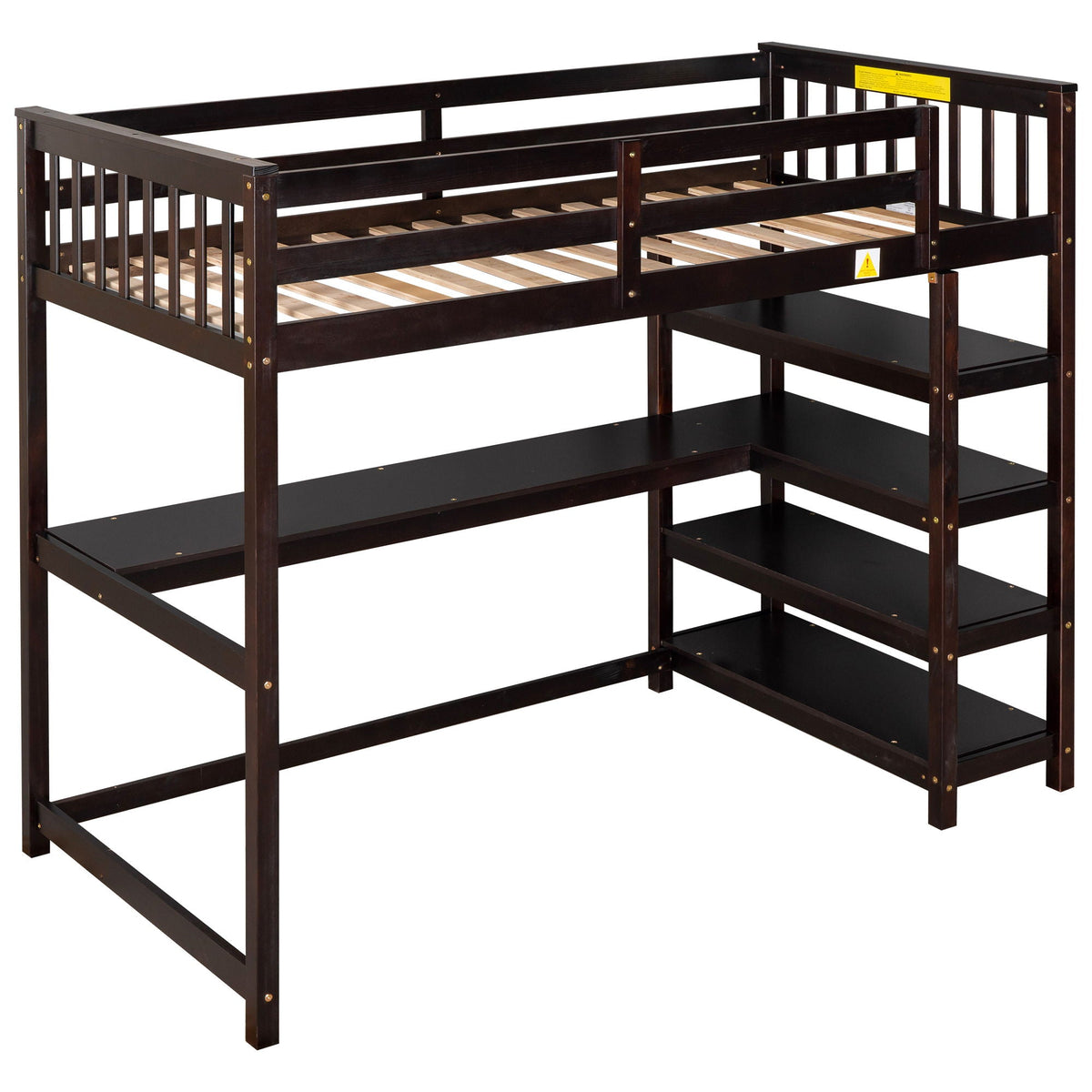 Loft bed with storage shelves and under-bed desk in dark brown wood, HouseOfZazla on Tampa Home & Garden Store