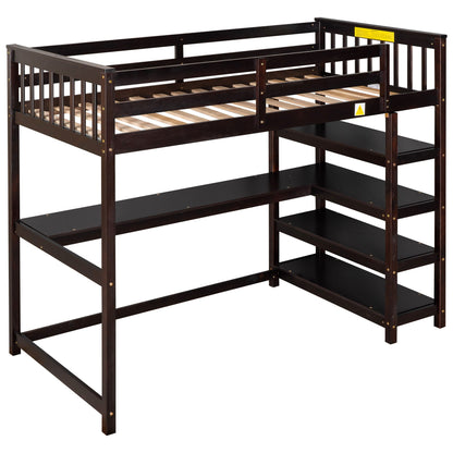Loft bed with storage shelves and under-bed desk in dark brown wood, HouseOfZazla on Tampa Home & Garden Store