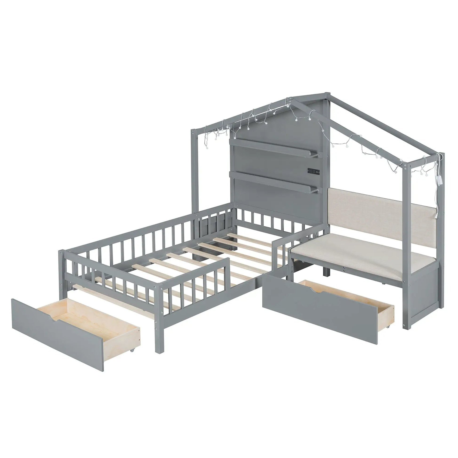 House Bed With Upholstered Sofa storage frame in gray metal with shelves and 2 drawers on Tampa Home & Garden Store