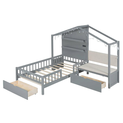 House Bed With Upholstered Sofa storage frame in gray metal with shelves and 2 drawers on Tampa Home & Garden Store