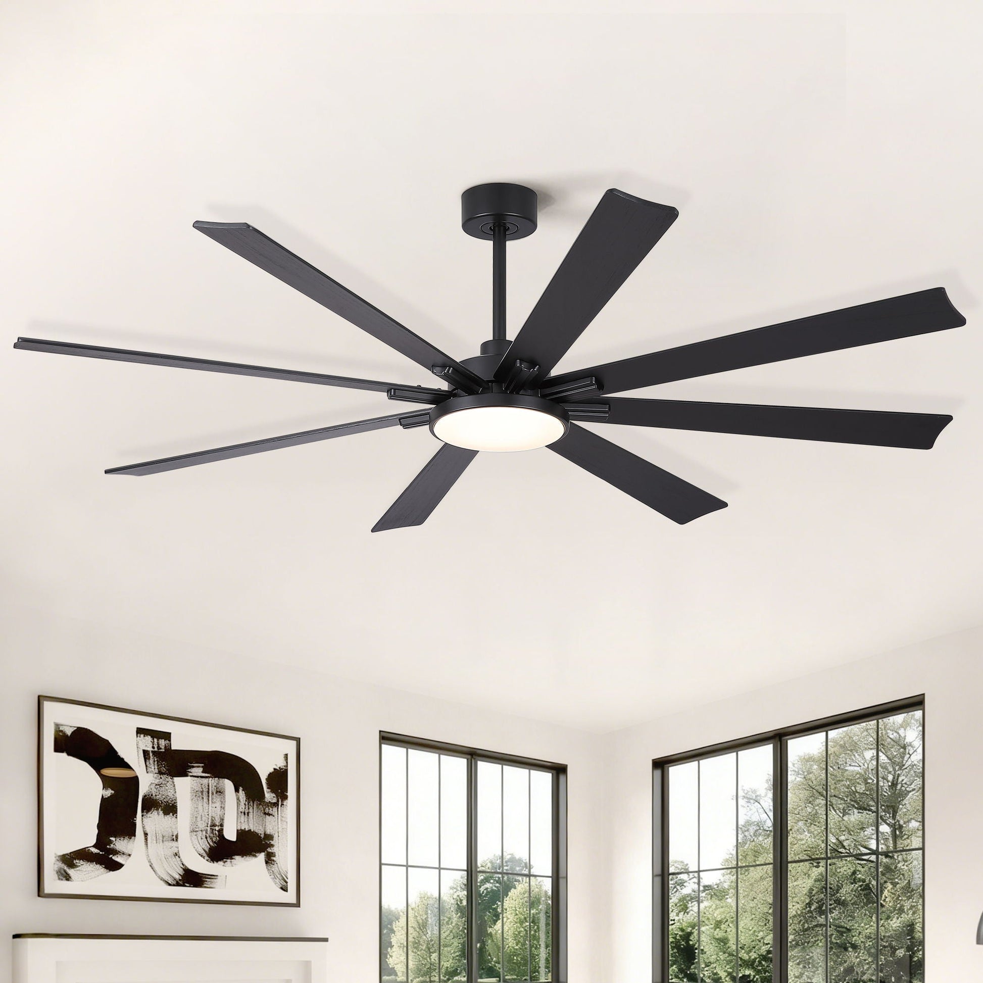 Ceiling fan with 8 black blades and dimmable LED light by HouseOfZazla, remote, DC motor on Tampa Home & Garden Store