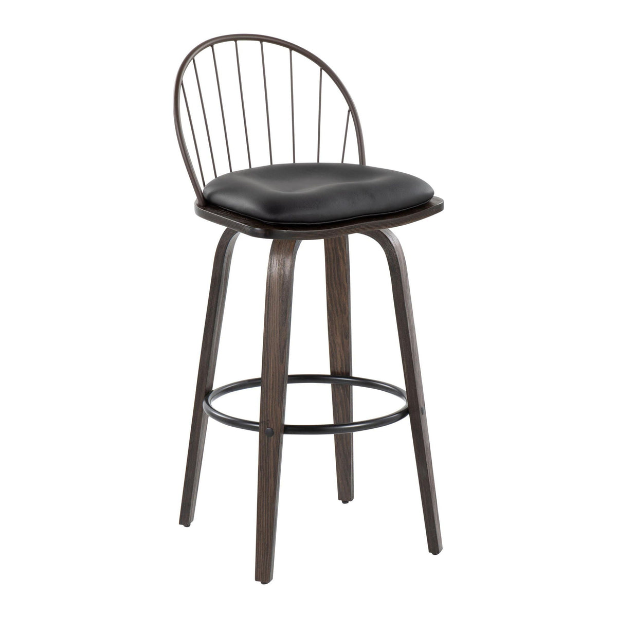 Industrial fixed-height barstool with black cushion and curved metal back with vertical rods on Tampa Home & Garden Store