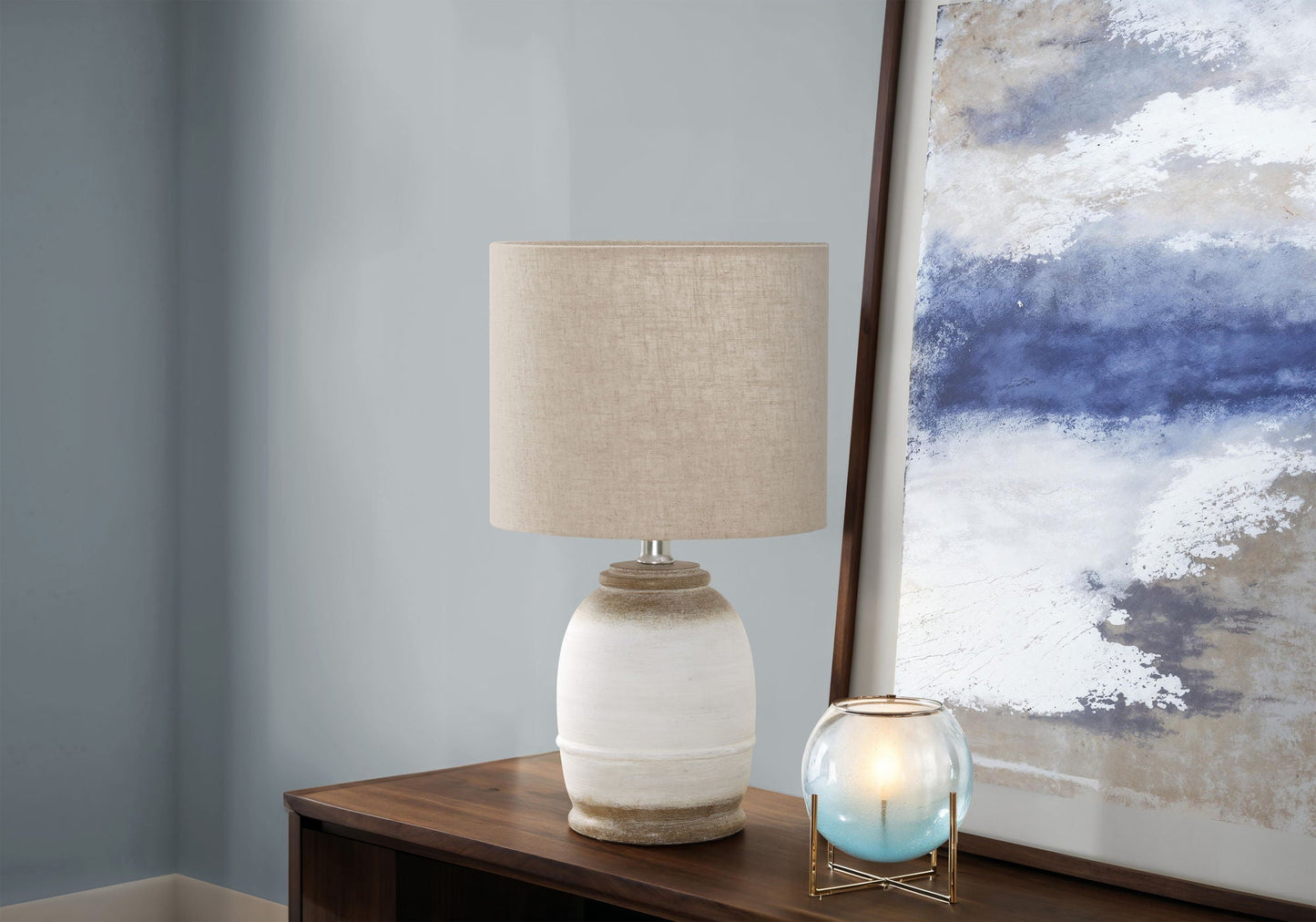 Table lamp cream resin base with beige linen shade, contemporary style for living room decor on Tampa Home & Garden Store