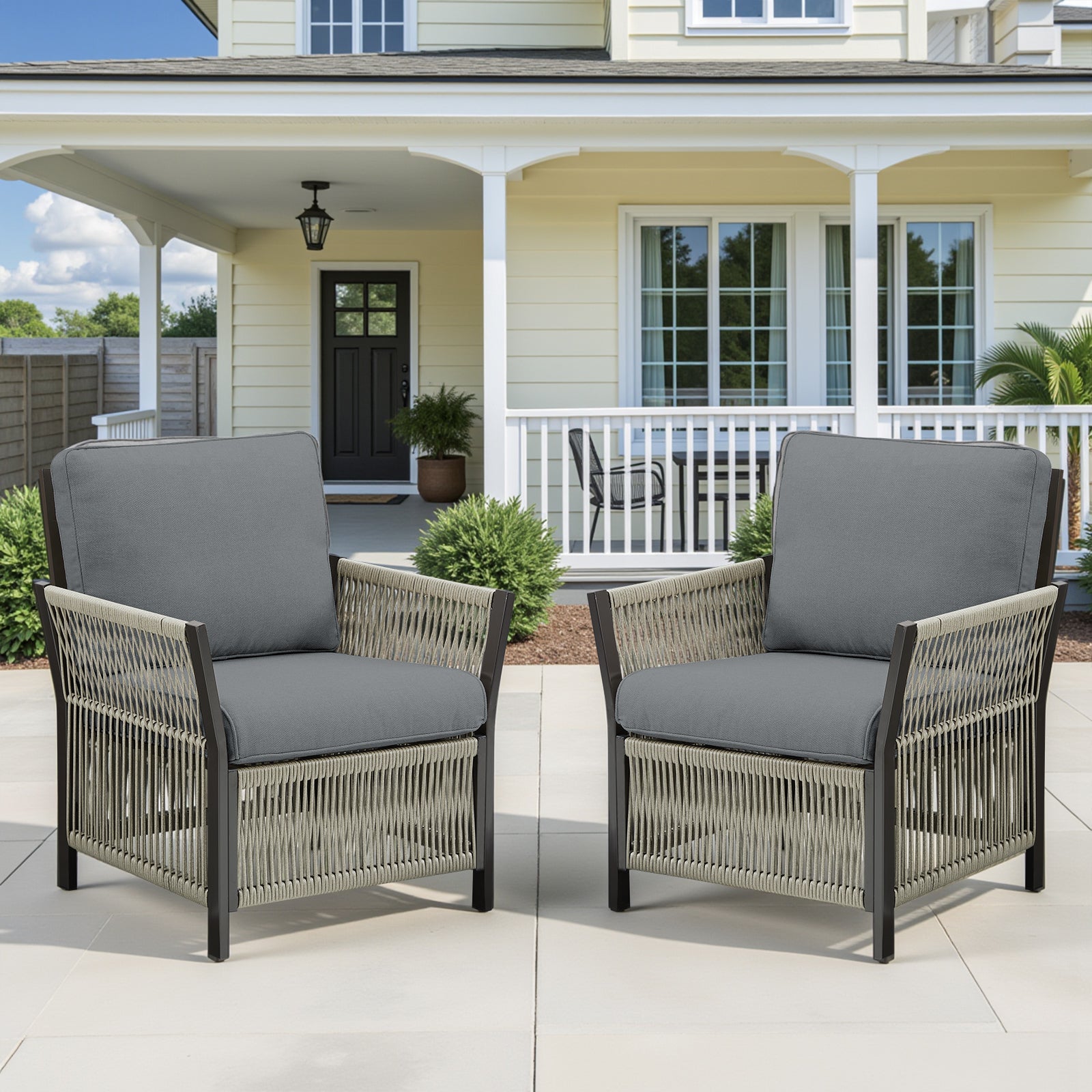 Outdoor patio arm chairs set of 2 by HouseOfZazla with gray cushions and woven rattan frames on Tampa Home & Garden Store
